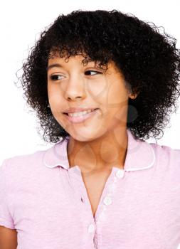 African teenage girl smiling and posing isolated over white