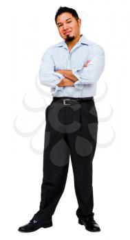 Latin American young man posing and smiling isolated over white