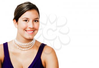 Close-up of a fashion model smiling isolated over white