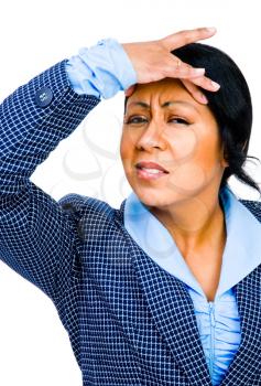 Stressed businesswoman suffering from headache isolated over white