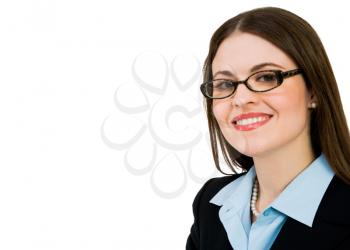 Smiling businesswoman wearing eyeglasses isolated over white