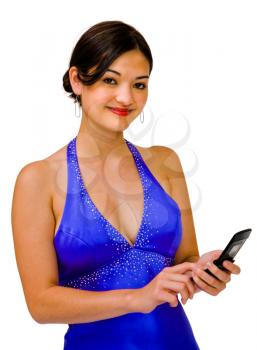 Korean woman text messaging on a mobile phone isolated over white