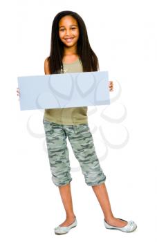 Portrait of a girl showing an empty placard isolated over white
