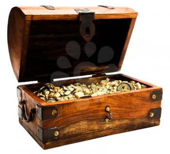 Gold nuggets and coins in a chest box isolated over white