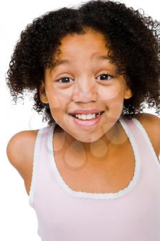 African American girl posing and smiling isolated over white