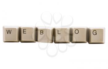Computer keys arranged to spell the word Weblog isolated over white