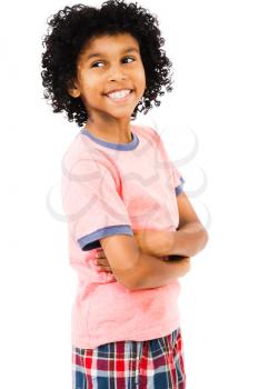 Boy standing with her arms crossed isolated over white