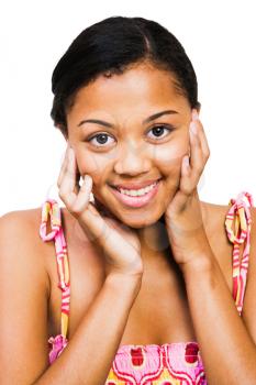 African American teenage girl smiling isolated over white