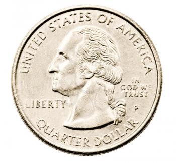 Close-up of an us quarter dollar coin isolated over white
