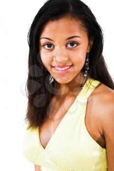 African American teenage girl smiling isolated over white