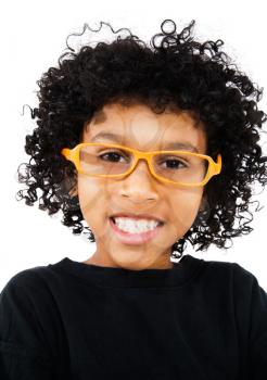 Boy wearing eyeglasses and smiling isolated over white