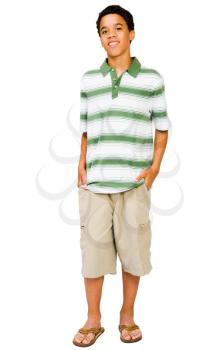 Happy teenage boy standing isolated over white