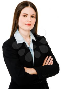 Caucasian businesswoman standing isolated over white