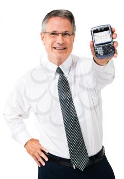 Businessman showing a pda and smiling isolated over white