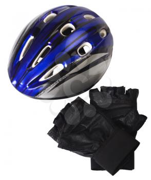 Close-up of a cycling helmet with cycling gloves