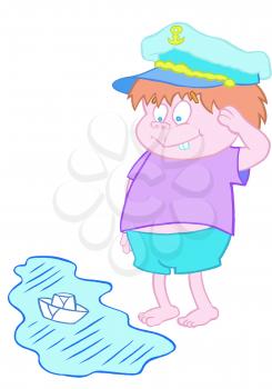 Royalty Free Clipart Image of a Little Boy Saluting a Toy Boat