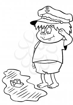 Royalty Free Clipart Image of a Little Boy in a Captain's Hat Saluting a Boat