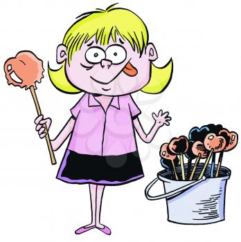 Royalty Free Clipart Image of a Girl With a Pail of Suckers