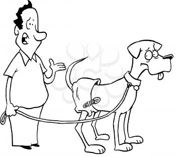 Royalty Free Clipart Image of a Man Walking a Dog With a Diaper