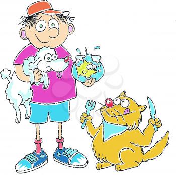 Royalty Free Clipart Image of a Boy With Pets