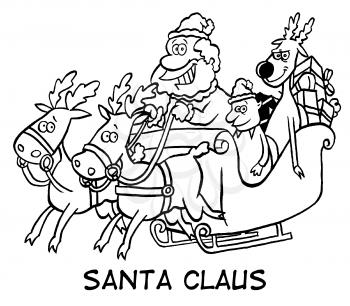 Royalty Free Clipart Image of Santa, an Elf and a Reindeer in a Sled