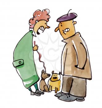 Royalty Free Clipart Image of Two People Talking and Walking Their Dogs
