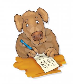 Royalty Free Clipart Image of a Dog Writing on a Piece of Paper