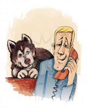 Royalty Free Clipart Image of a Man on the Phone and a Dog Behind Him