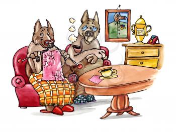 Royalty Free Clipart Image of an Old Dog Couple at Home