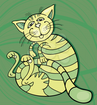 Royalty Free Clipart Image of a Happy Green Cat on Green