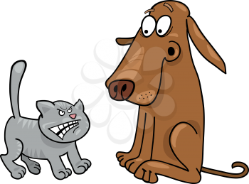 Royalty Free Clipart Image of a Dog Afraid of a Cat