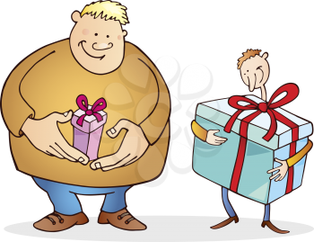 Royalty Free Clipart Image of a Big Guy With a Small Gift and a Small Guy With a Big Gift