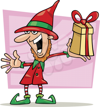 Royalty Free Clipart Image of a Christmas Elf With a Gift