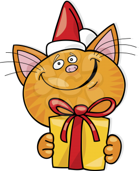 Royalty Free Clipart Image of a Christmas Cat With a Gift