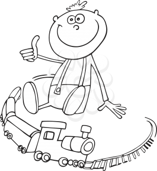 Royalty Free Clipart Image of a Little Boy With a Toy Train