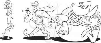 Royalty Free Clipart Image of a Prehistoric Couple and Mastadon