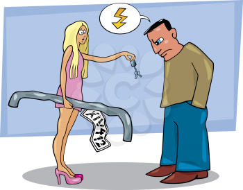 Royalty Free Clipart Image of a Woman Holding a Fender and Handing the Keys to a Man
