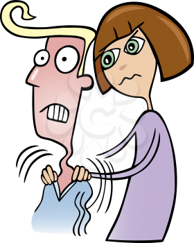 Royalty Free Clipart Image of a Woman Angrily Massaging a Man's Shoulders