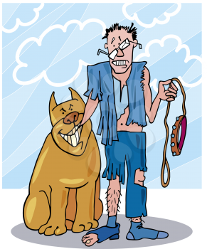 Royalty Free Clipart Image of a Man in Tattered Clothes Holding a Leash and Standing Beside a Smiling Dog