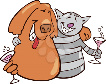 Royalty Free Clipart Image of a Dog and Cat With Wineglasses