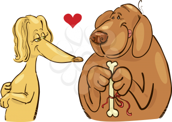 Royalty Free Clipart Image of a Dog in Love With a Gift for the Female Dog