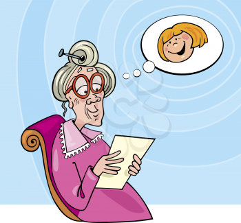 Royalty Free Clipart Image of an Old Woman Reading Something and Thinking of a Young Girl
