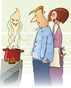 Royalty Free Clipart Image of a Couple Looking at a Boiling Pot With a Ghostly Head Above It