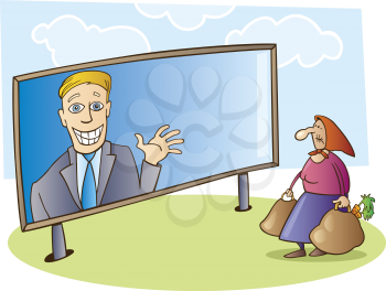 Royalty Free Clipart Image of an Old Woman Looking at a Billboard With a Waving Man