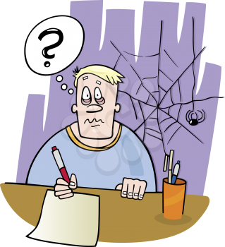 Royalty Free Clipart Image of a Man With a Question in Front of a Spiderweb Holding a Pen