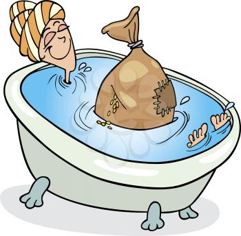 Royalty Free Clipart Image of a Woman Taking a Bath With a Sack