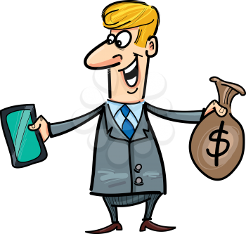 cartoon humorous illustration of businessman with tablet and sack of dollars