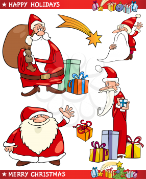 Cartoon Illustration of Santa Claus or Papa Noel, Presents, Star and other Christmas Themes set