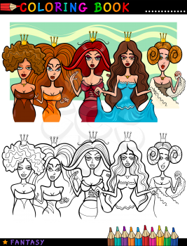 Coloring Book or Page Cartoon Illustration of Five Princesses or Queens Fairytale Characters