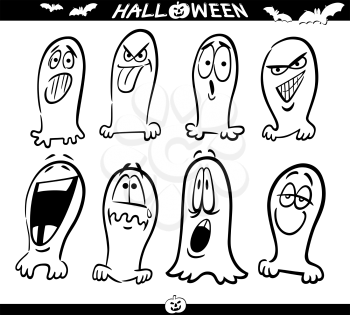 Cartoon Illustration of Halloween Themes, Ghosts Emotions Funny Set for Coloring Book or Page